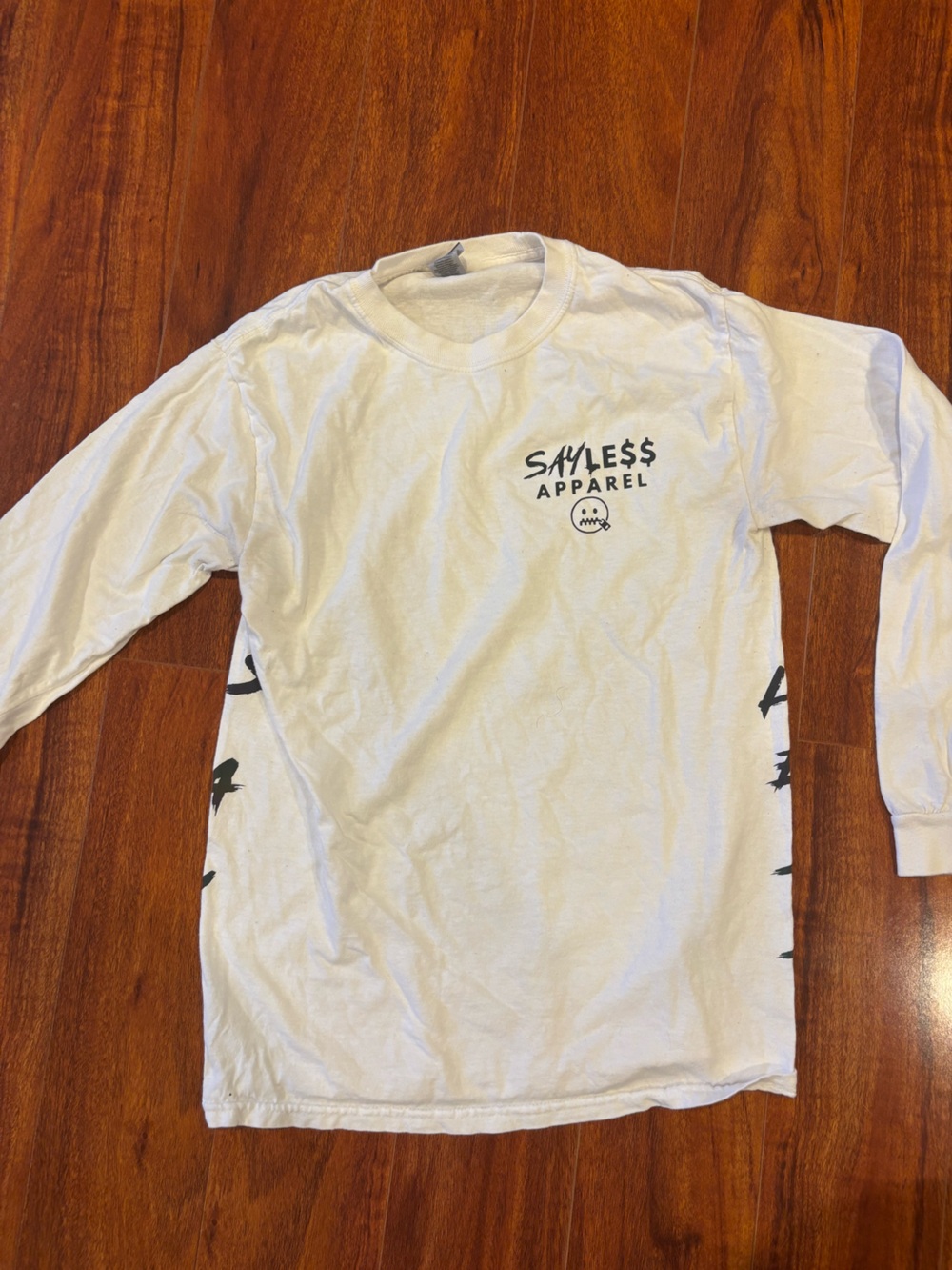 Gildan White Long Sleeve Tee with Black Zipper Smile Graphic